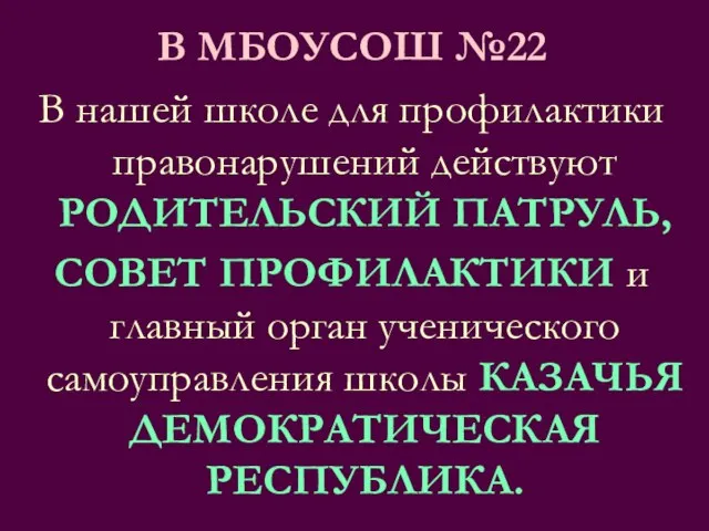 В МБОУСОШ №22 В нашей школе для профилактики правонарушений действуют РОДИТЕЛЬСКИЙ ПАТРУЛЬ,