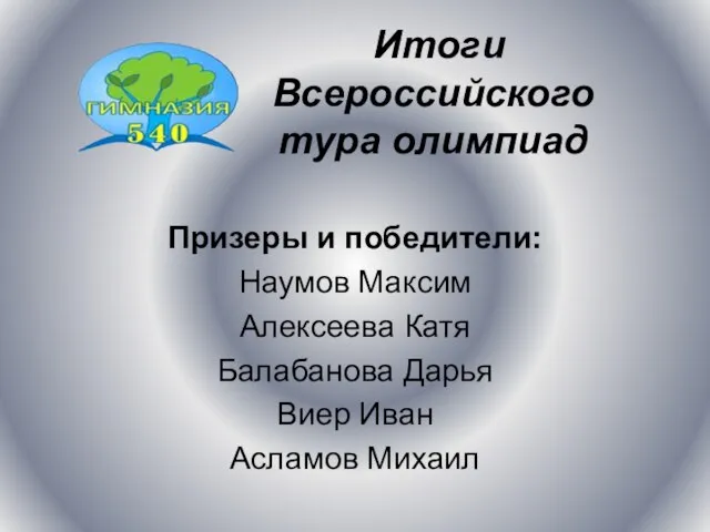 Итоги Всероссийского тура олимпиад Призеры и победители: Наумов Максим Алексеева Катя Балабанова