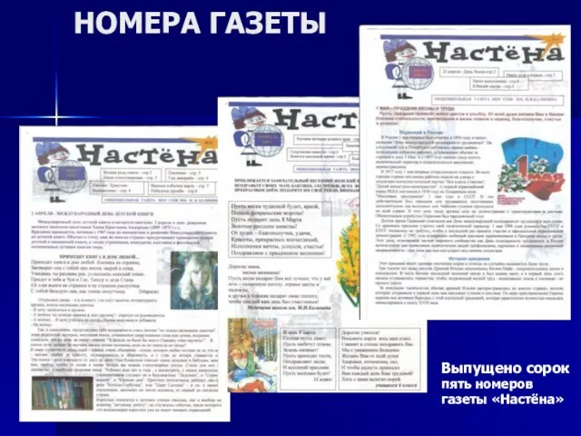 НОМЕРА ГАЗЕТЫ Выпущено сорок пять номеров газеты «Настёна»