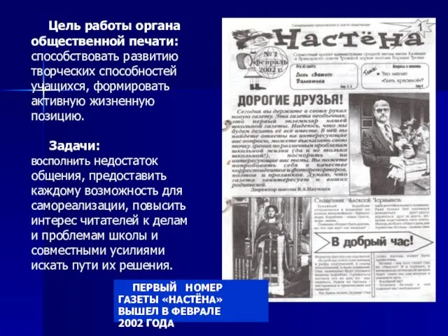 ПЕРВЫЙ НОМЕР ГАЗЕТЫ «НАСТЁНА» ВЫШЕЛ В ФЕВРАЛЕ 2002 ГОДА Цель работы органа