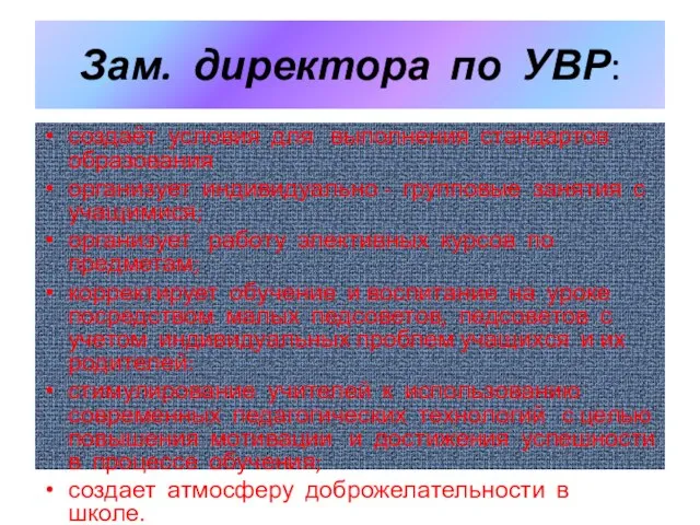 Зам. директора по УВР: создаёт условия для выполнения стандартов образования организует индивидуально