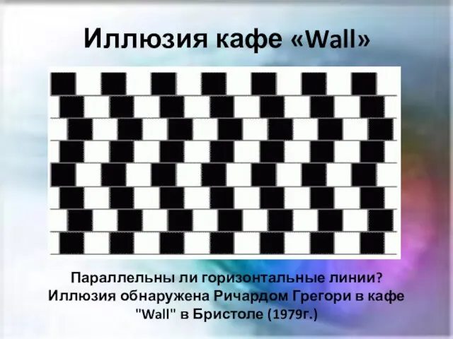 Иллюзия кафе «Wall» Параллельны ли горизонтальные линии? Иллюзия обнаружена Ричардом Грегори в