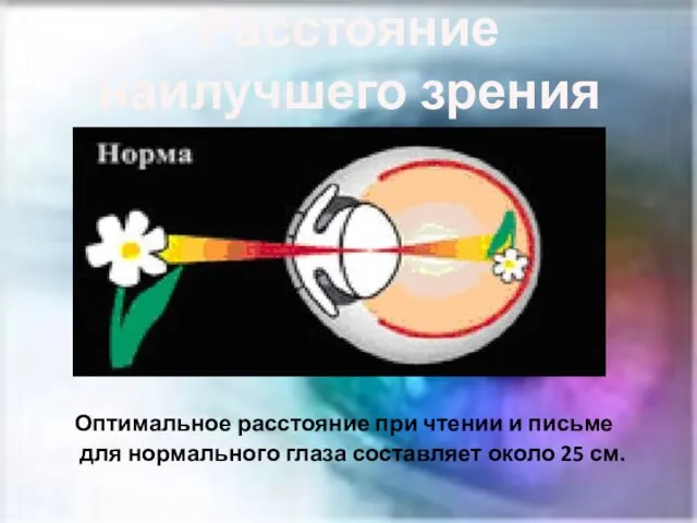 Расстояние наилучшего зрения Оптимальное расстояние при чтении и письме для нормального глаза составляет около 25 см.