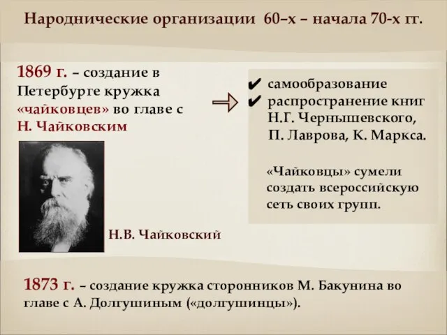 1869 г. – создание в Петербурге кружка «чайковцев» во главе с Н.