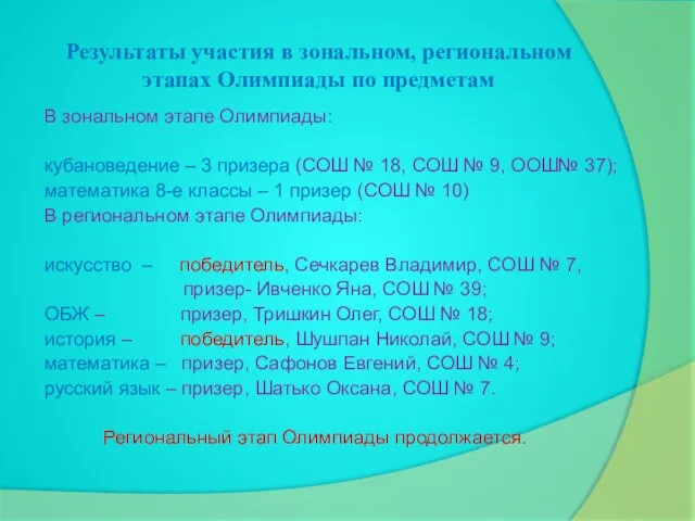 Результаты участия в зональном, региональном этапах Олимпиады по предметам В зональном этапе