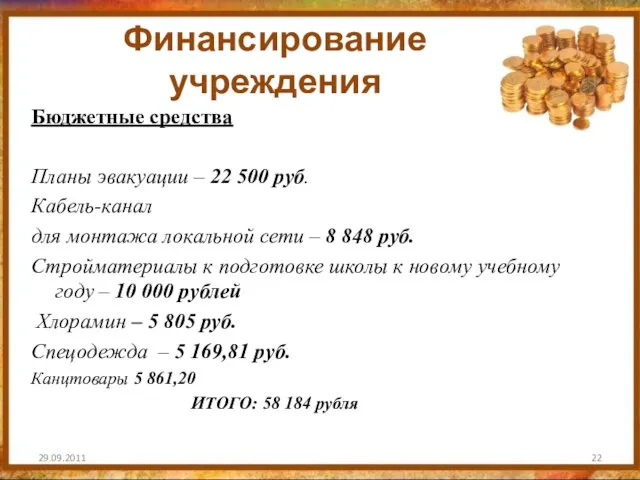 Финансирование учреждения Бюджетные средства Планы эвакуации – 22 500 руб. Кабель-канал для