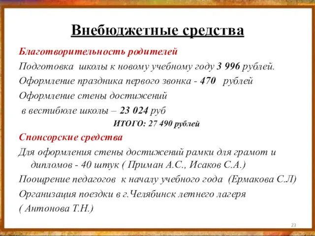 Внебюджетные средства Благотворительность родителей Подготовка школы к новому учебному году 3 996