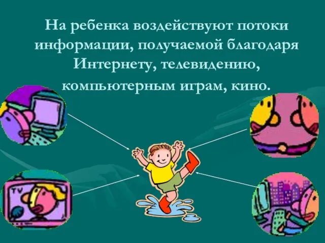 На ребенка воздействуют потоки информации, получаемой благодаря Интернету, телевидению, компьютерным играм, кино.
