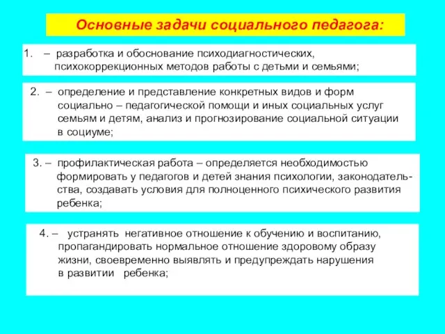 Основные задачи социального педагога: – разработка и обоснование психодиагностических, психокоррекционных методов работы