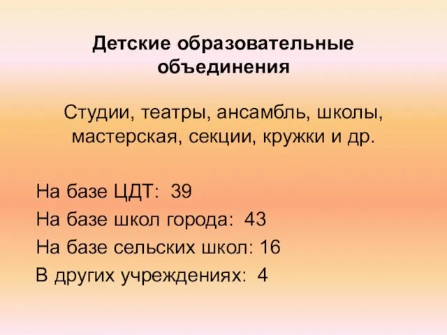 Детские образовательные объединения Студии, театры, ансамбль, школы, мастерская, секции, кружки и др.