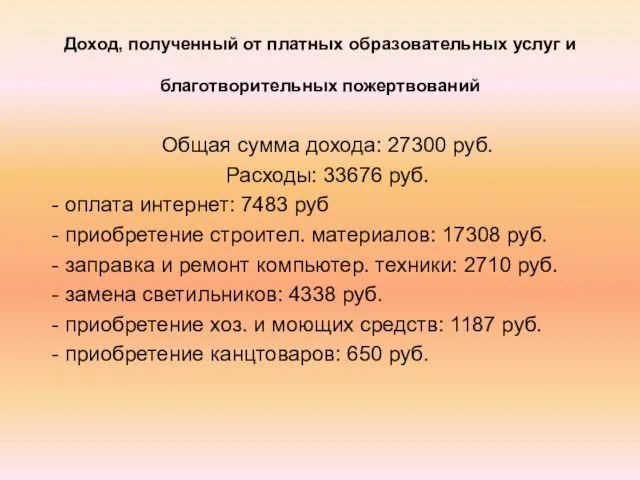 Доход, полученный от платных образовательных услуг и благотворительных пожертвований Общая сумма дохода: