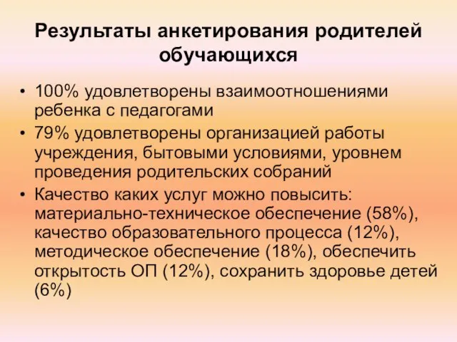 Результаты анкетирования родителей обучающихся 100% удовлетворены взаимоотношениями ребенка с педагогами 79% удовлетворены