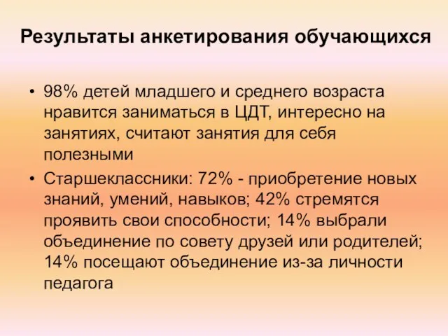 Результаты анкетирования обучающихся 98% детей младшего и среднего возраста нравится заниматься в