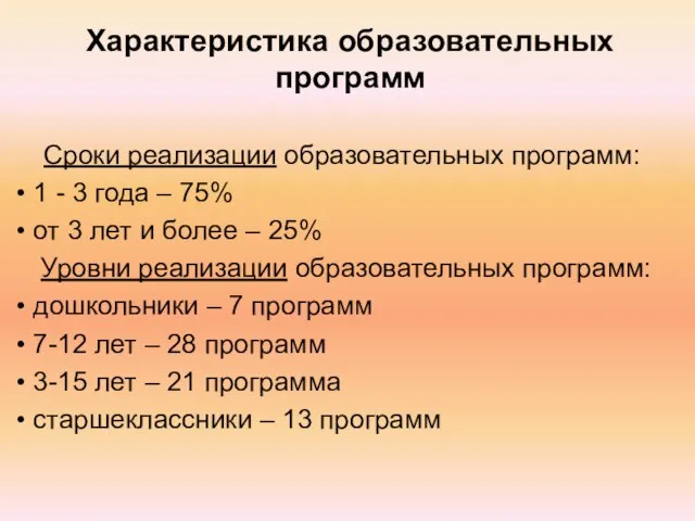 Характеристика образовательных программ Сроки реализации образовательных программ: 1 - 3 года –