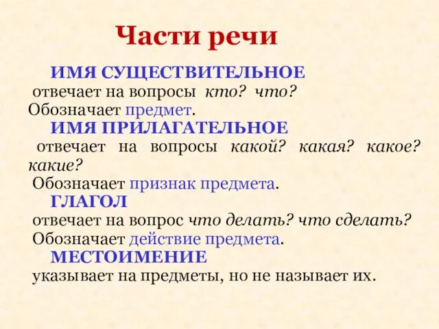 ИМЯ СУЩЕСТВИТЕЛЬНОЕ отвечает на вопросы кто? что? Обозначает предмет. ИМЯ ПРИЛАГАТЕЛЬНОЕ отвечает