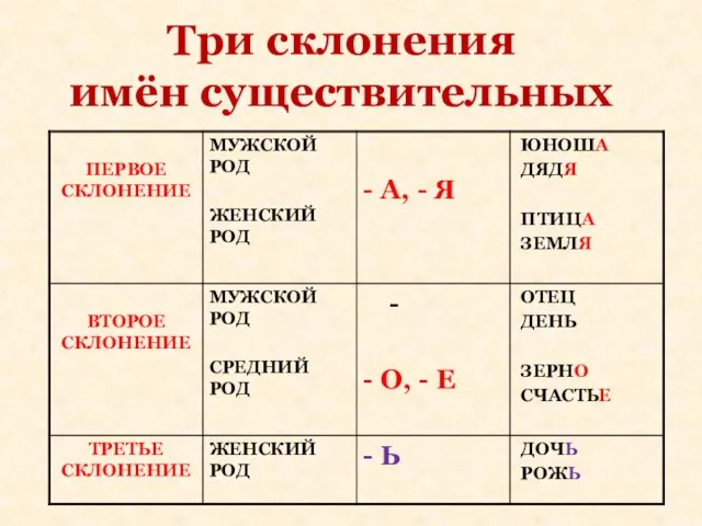 Три склонения имён существительных