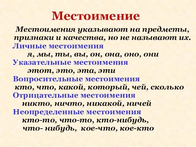 Местоимение Местоимения указывают на предметы, признаки и качества, но не называют их.