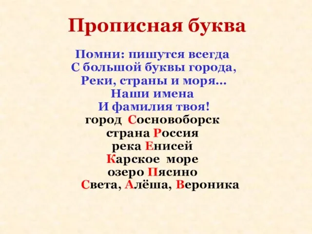 Прописная буква Помни: пишутся всегда С большой буквы города, Реки, страны и