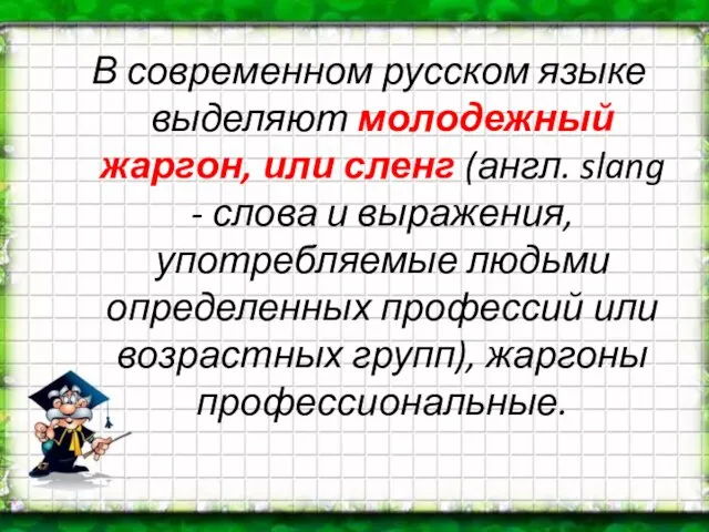 В современном русском языке выделяют молодежный жаргон, или сленг (англ. slang -