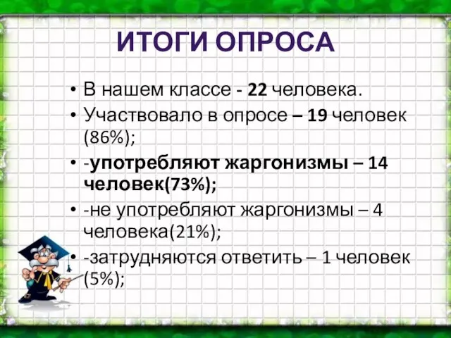 ИТОГИ ОПРОСА В нашем классе - 22 человека. Участвовало в опросе –