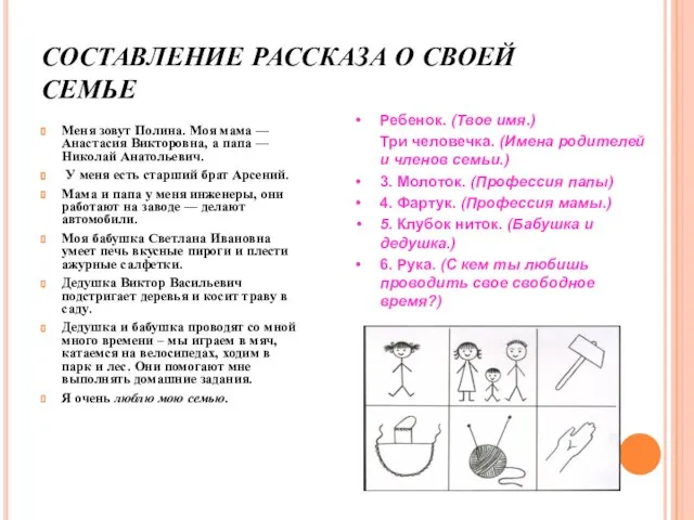 СОСТАВЛЕНИЕ РАССКАЗА О СВОЕЙ СЕМЬЕ Меня зовут Полина. Моя мама — Анастасия