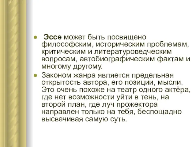 Эссе может быть посвящено философским, историческим проблемам, критическим и литературоведческим вопросам, автобиографическим