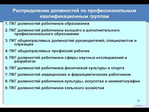 Распределение должностей по профессиональным квалификационным группам 1. ПКГ должностей работников образования 2.