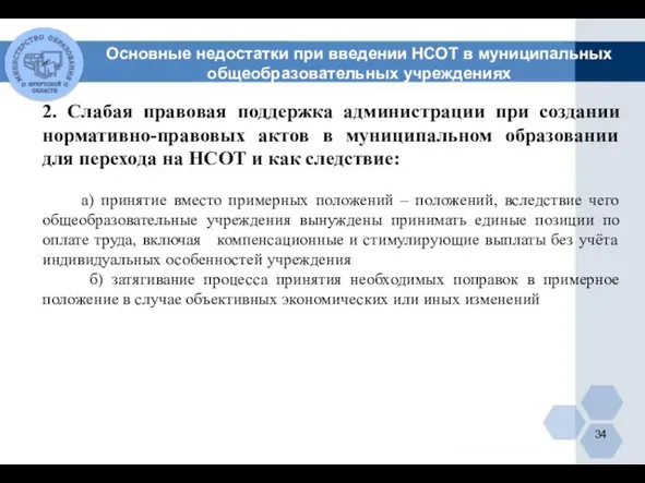 Основные недостатки при введении НСОТ в муниципальных общеобразовательных учреждениях 2. Слабая правовая