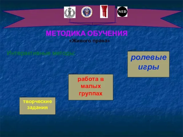 МЕТОДИКА ОБУЧЕНИЯ «Живого права» Интерактивные методы: творческие задания работа в малых группах ролевые игры