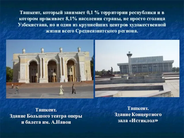 Ташкент, который занимает 0,1 % территории республики и в котором проживает 8,1%