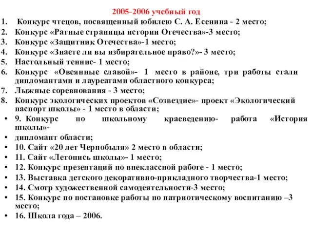 2005-2006 учебный год Конкурс чтецов, посвященный юбилею С. А. Есенина - 2