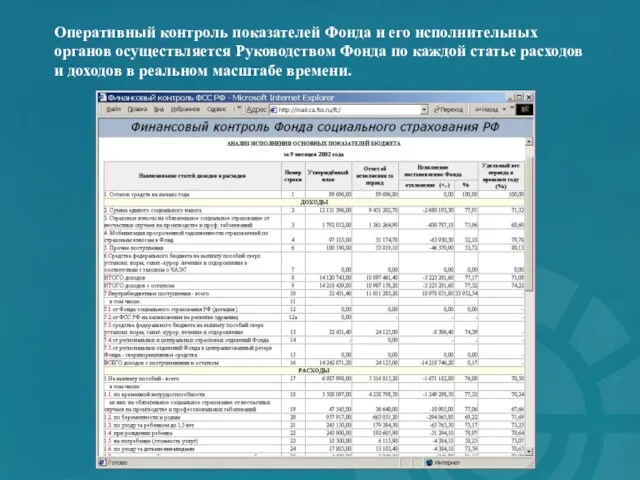 Оперативный контроль показателей Фонда и его исполнительных органов осуществляется Руководством Фонда по