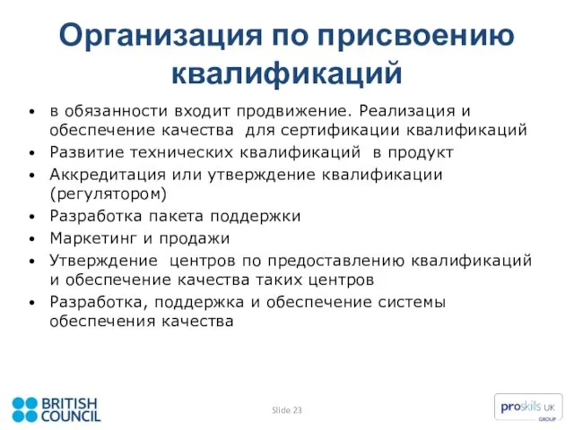 Организация по присвоению квалификаций в обязанности входит продвижение. Реализация и обеспечение качества