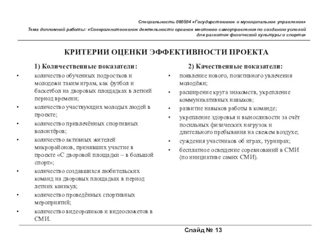 Слайд № 13 Специальность 080504 «Государственное и муниципальное управление» Тема дипломной работы: