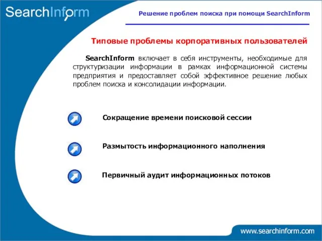 Сокращение времени поисковой сессии Размытость информационного наполнения Первичный аудит информационных потоков Типовые