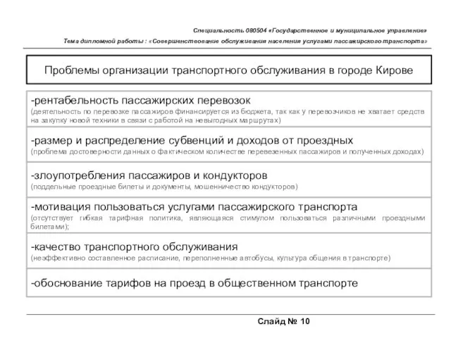 Слайд № 10 Специальность 080504 «Государственное и муниципальное управление» Тема дипломной работы