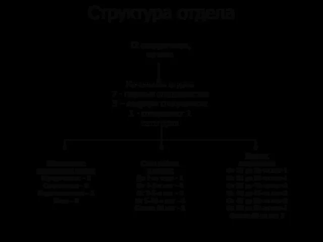 Структура отдела 12 сотрудников, из них: Начальник отдела 7 - главных специалистов