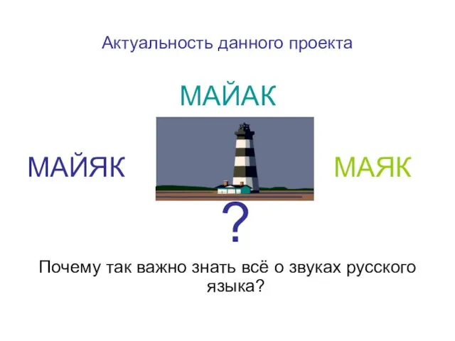 Актуальность данного проекта МАЙАК МАЙЯК МАЯК ? Почему так важно знать всё о звуках русского языка?