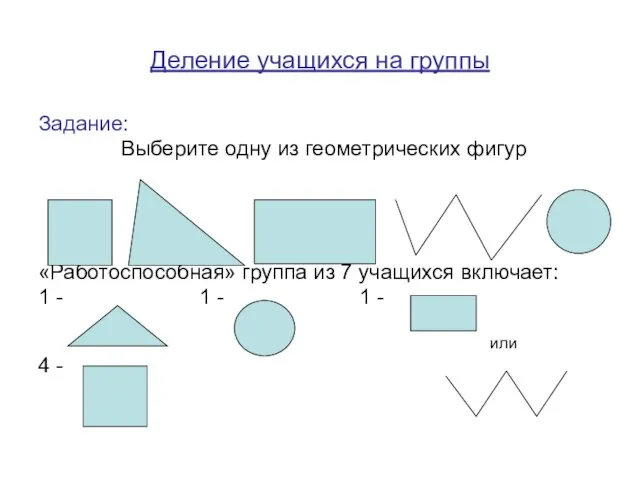 Деление учащихся на группы Задание: Выберите одну из геометрических фигур «Работоспособная» группа