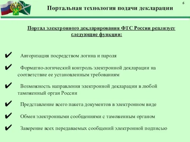 Портальная технология подачи декларации Портал электронного декларирования ФТС России реализует следующие функции: