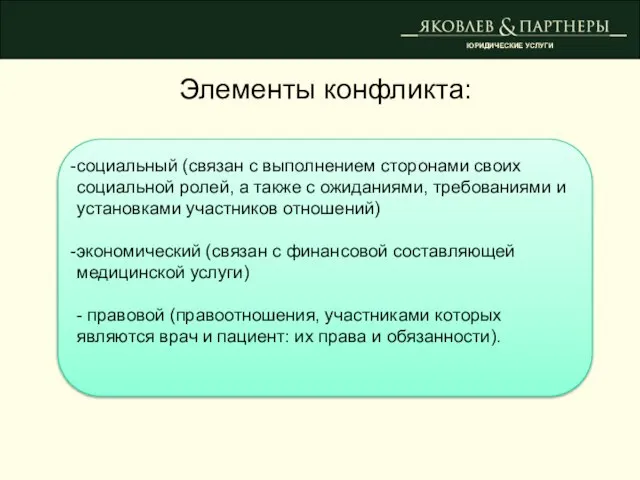 Элементы конфликта: ЮРИДИЧЕСКИЕ УСЛУГИ социальный (связан с выполнением сторонами своих социальной ролей,