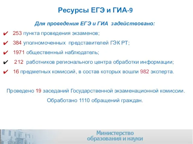 Ресурсы ЕГЭ и ГИА-9 Для проведения ЕГЭ и ГИА задействовано: 253 пункта