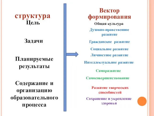 структура Личностное развитие Самосовершенствование Гражданское развитие Саморазвитие Духовно-нравственное развитие Социальное развитие Интеллектуальное