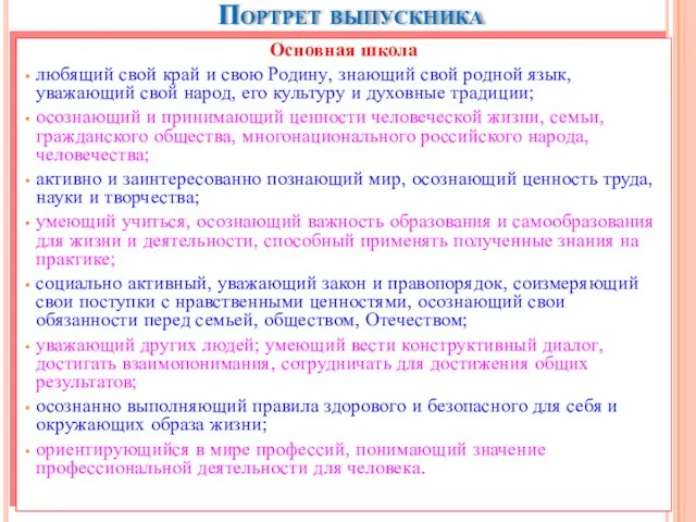 Портрет выпускника Основная школа любящий свой край и свою Родину, знающий свой