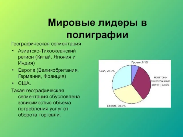 Мировые лидеры в полиграфии Географическая сегментация Азиатско-Тихоокеанский регион (Китай, Япония и Индия)