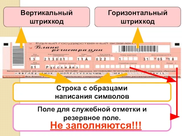 Горизонтальный штрихкод Вертикальный штрихкод Строка с образцами написания символов Поле для служебной