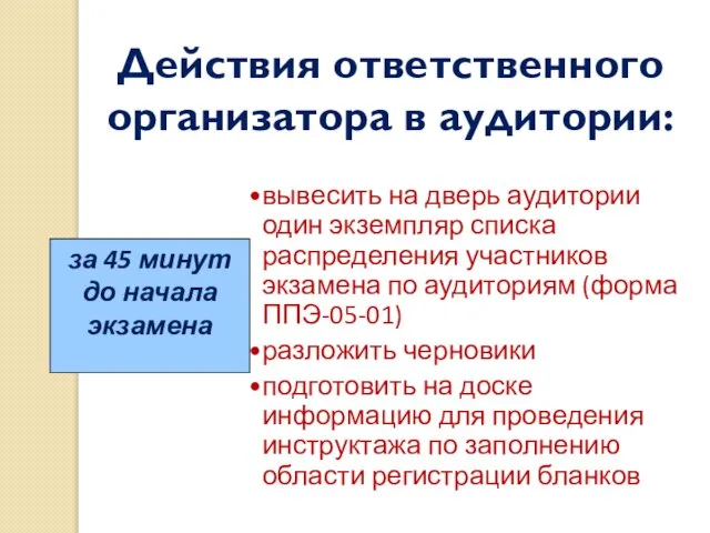 Действия ответственного организатора в аудитории: за 45 минут до начала экзамена вывесить