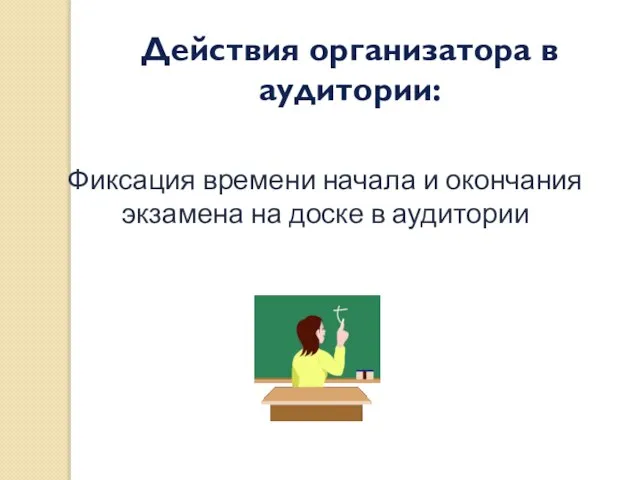 Фиксация времени начала и окончания экзамена на доске в аудитории Действия организатора в аудитории: