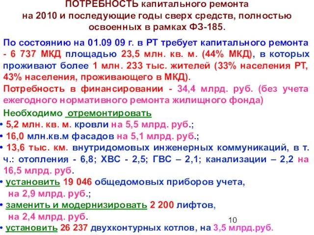 ПОТРЕБНОСТЬ капитального ремонта на 2010 и последующие годы сверх средств, полностью освоенных