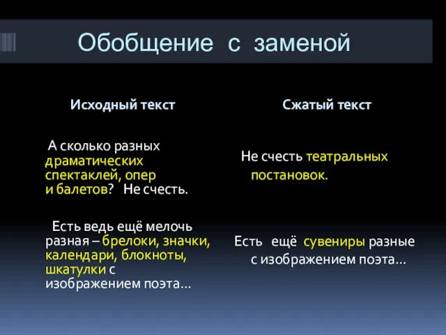 Обобщение с заменой Исходный текст Сжатый текст Не счесть театральных постановок. Есть